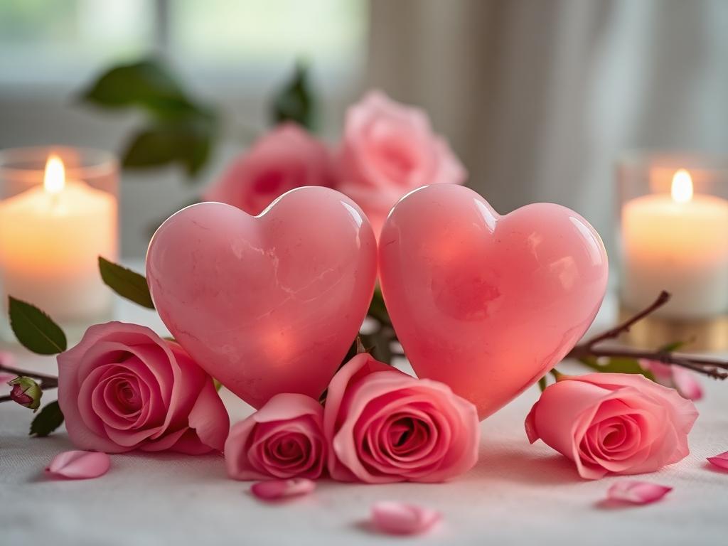 Rose quartz hearts and pink roses